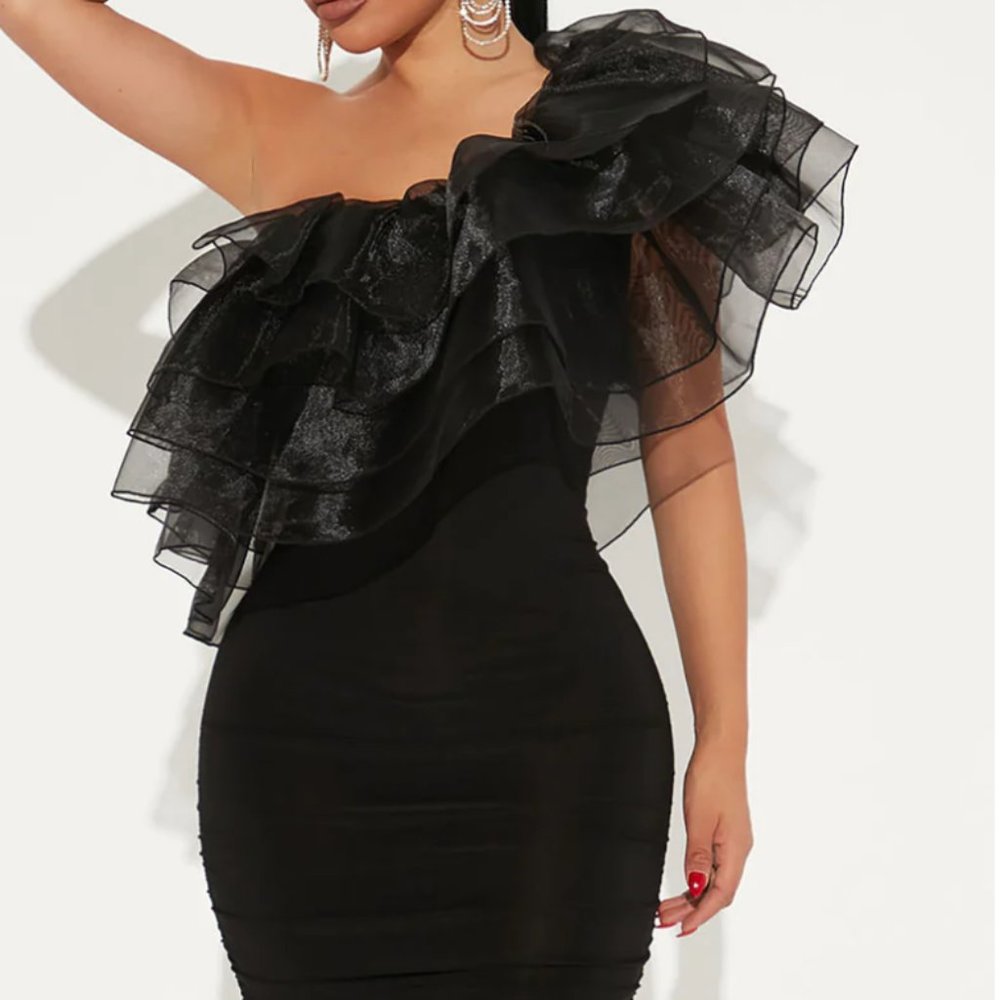 Ruched ruffle sleeveless Venezia one shoulder dress